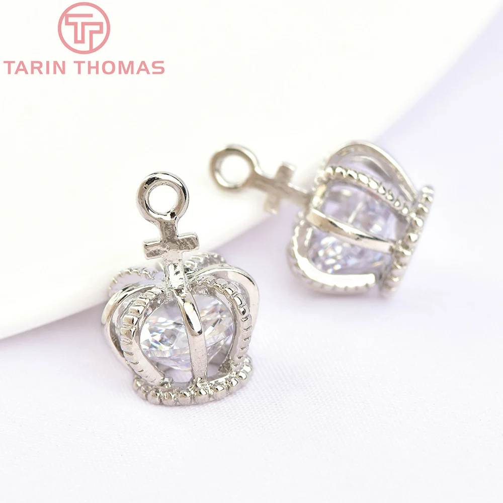 (1517) 6PCS 11x15MM 24K Gold Color Plated Brass with Zircon Crown Charms Pendants High Quality Jewelry Accessories
