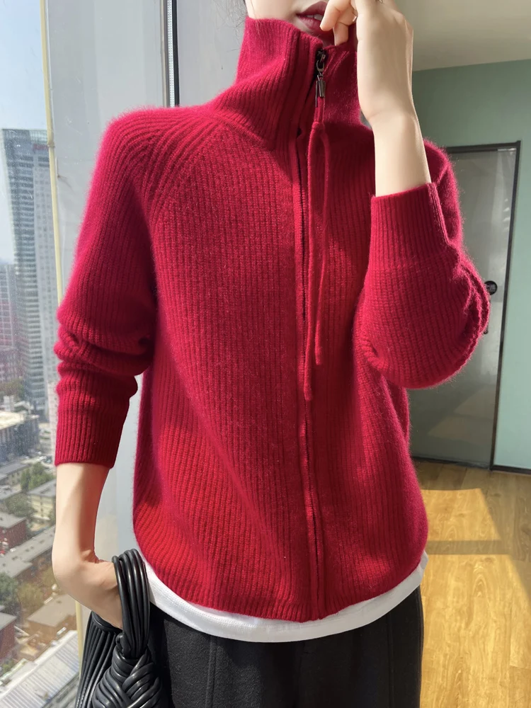 Autumn Winter Women Merino Wool Knitted Cardigan Lapel Long-Sleeved Zipper Sweater Female Casual Clothing Bottoming ​Tops