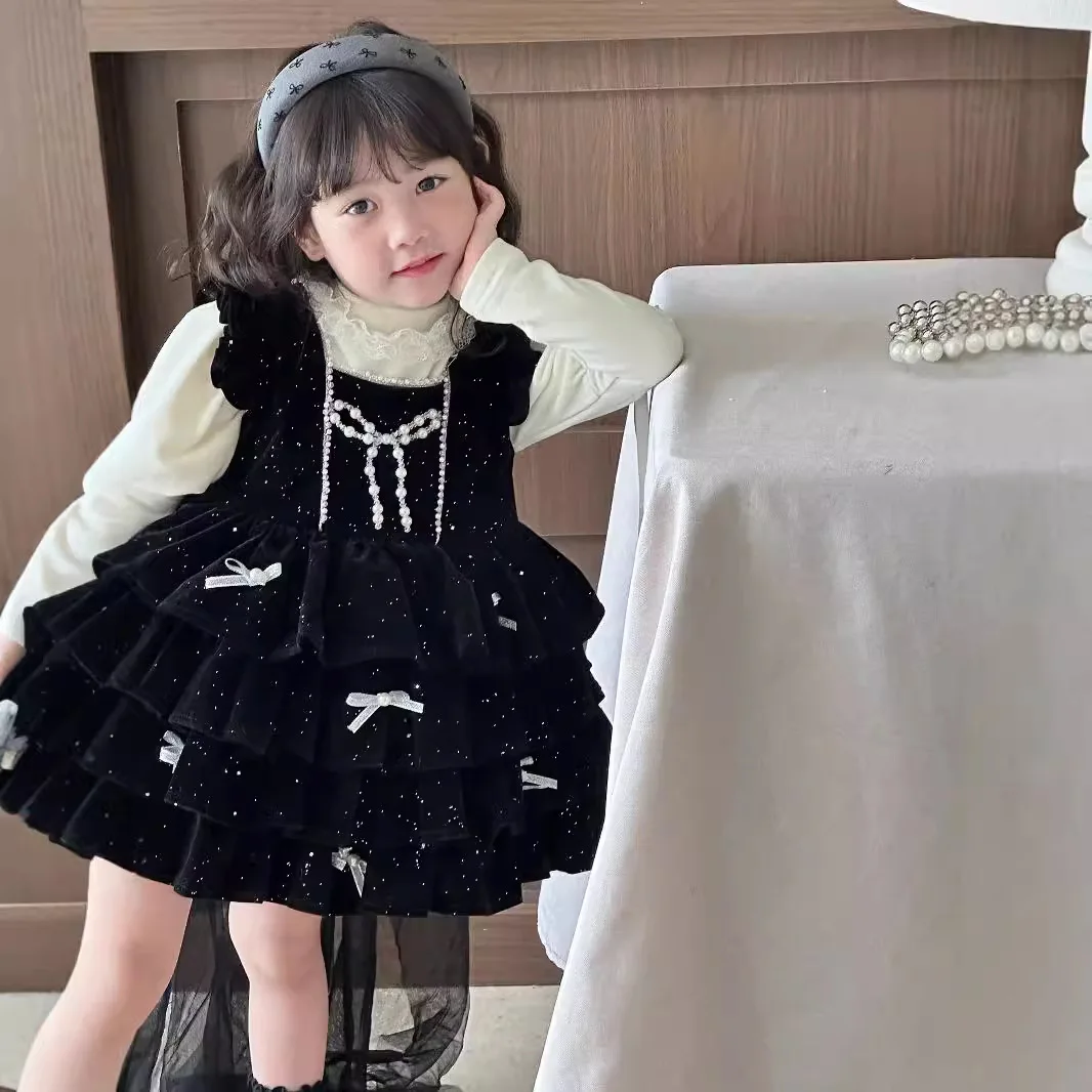 Girls Suits Children 2024 New Autumn Collection Fashion Sweater Top and Princess Black Dress Two-piece Set Clothes Suits