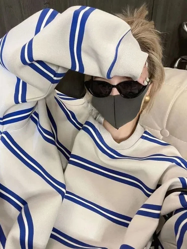 

Женская модная полосатая толстовка больших размеров с капюшоном, осенне-зимняя, свободная, удобная, стройнящая, повседневная, из флиса