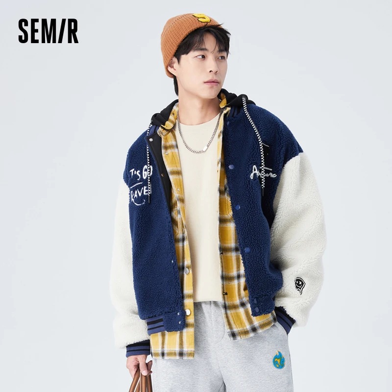 Semir Jacket Men Winter Imitation Lamb Wool Warm Loose Baseball Uniform Fashion Embroidered Contrasted Color Daily Casual Jacket