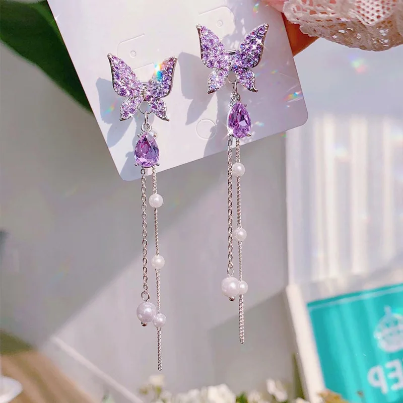 Korean Earings Fashion Jewelry Purple Butterfly Simulation Pearl Stud Earrings Tassel Statement Earrings For Women Wholesale