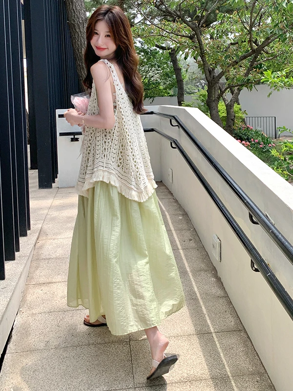 

Летний ажурный жилет Dr Set, женский комплект из двух предметов с подсветкой на бретельках, дизайн с полым цветочным крючком, модная повседневная одежда