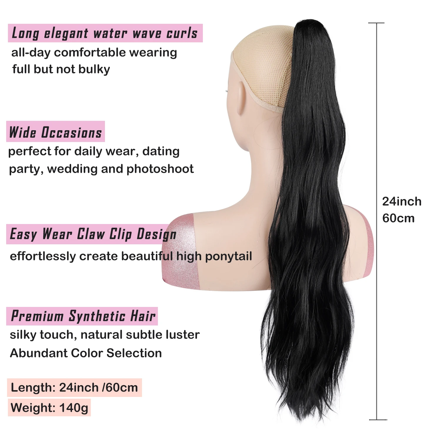 Claw Clip Ponytails Long Water Wave Hair Extensions Wavy Ponytail Synthetic Hairpiece for Women Daily Hairstyle