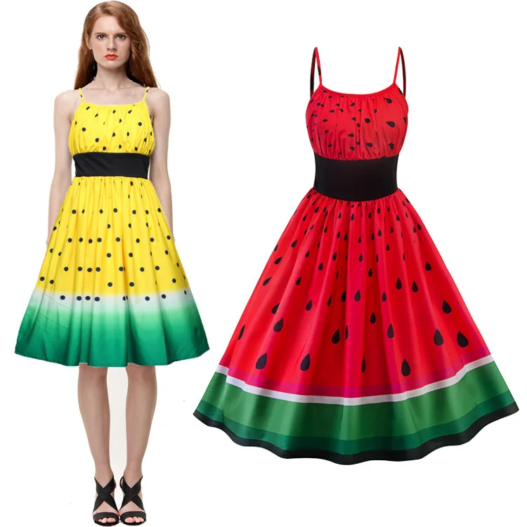 

Summer Patchwork Slip Casual Party Beach Women's Watermelon Print Dress