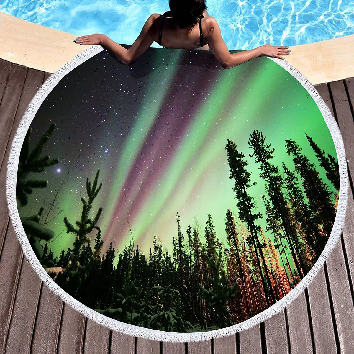 Northern Lights Printed Round Beach Towel,Polyester Sand Resistant Beach Towels,Soft Absorbent Quick Dry Pool Towel Picnic Mat