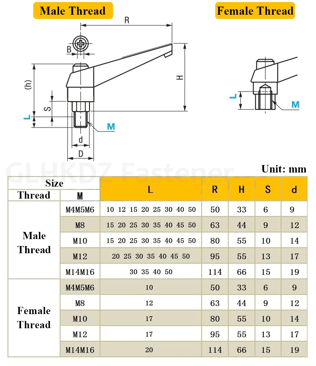 M4-M12 Adjustable Handle Screw Male/Female Thread Adjustable Handle Clamping Lever Machinery Adjustable Handle Locking Handle