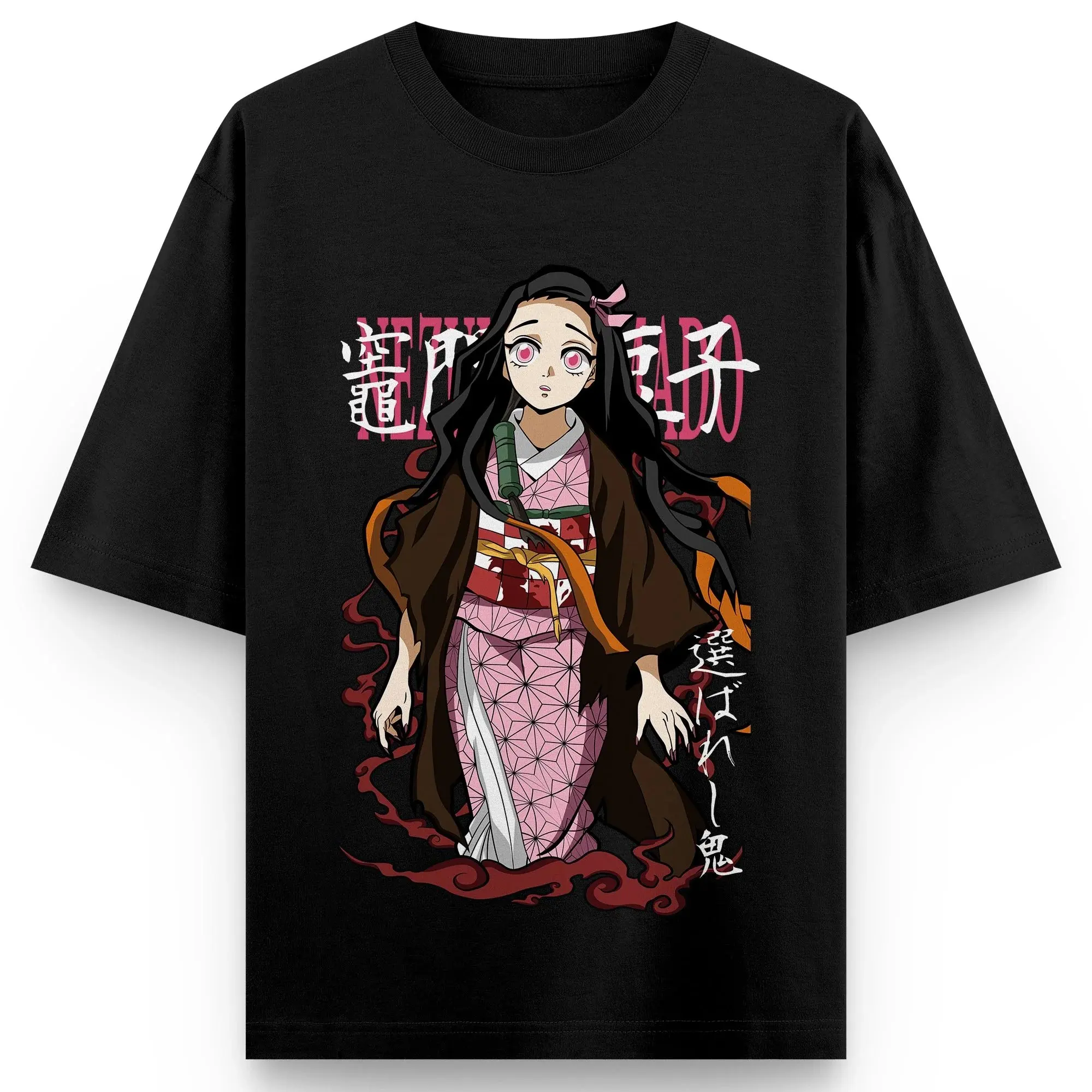 

"Devil Killer nezuko Men's black anime pink Kimono graphic print T-shirt Japanese fashion loose design casual top