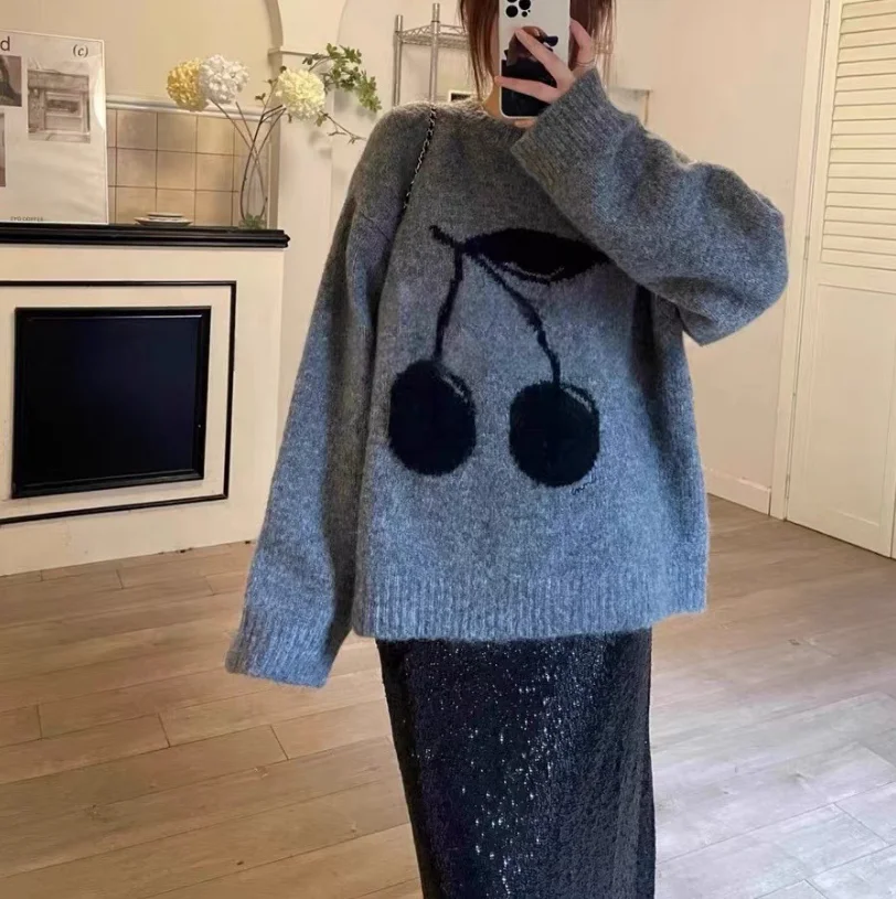 Fashion Top Winter Pullovers Grey Sweet Cherry Korea Knit Jumper Women Warm Sweater Women Loose Vintage Knit Autumn and w1144