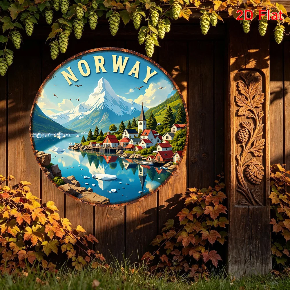 2D Flat 1pc Norwegian Fjord Landscape Pattern Metal Skin Sign Round Decorative Painting, Size (7.87In X 7.87In / 20Cm X 20Cm), S