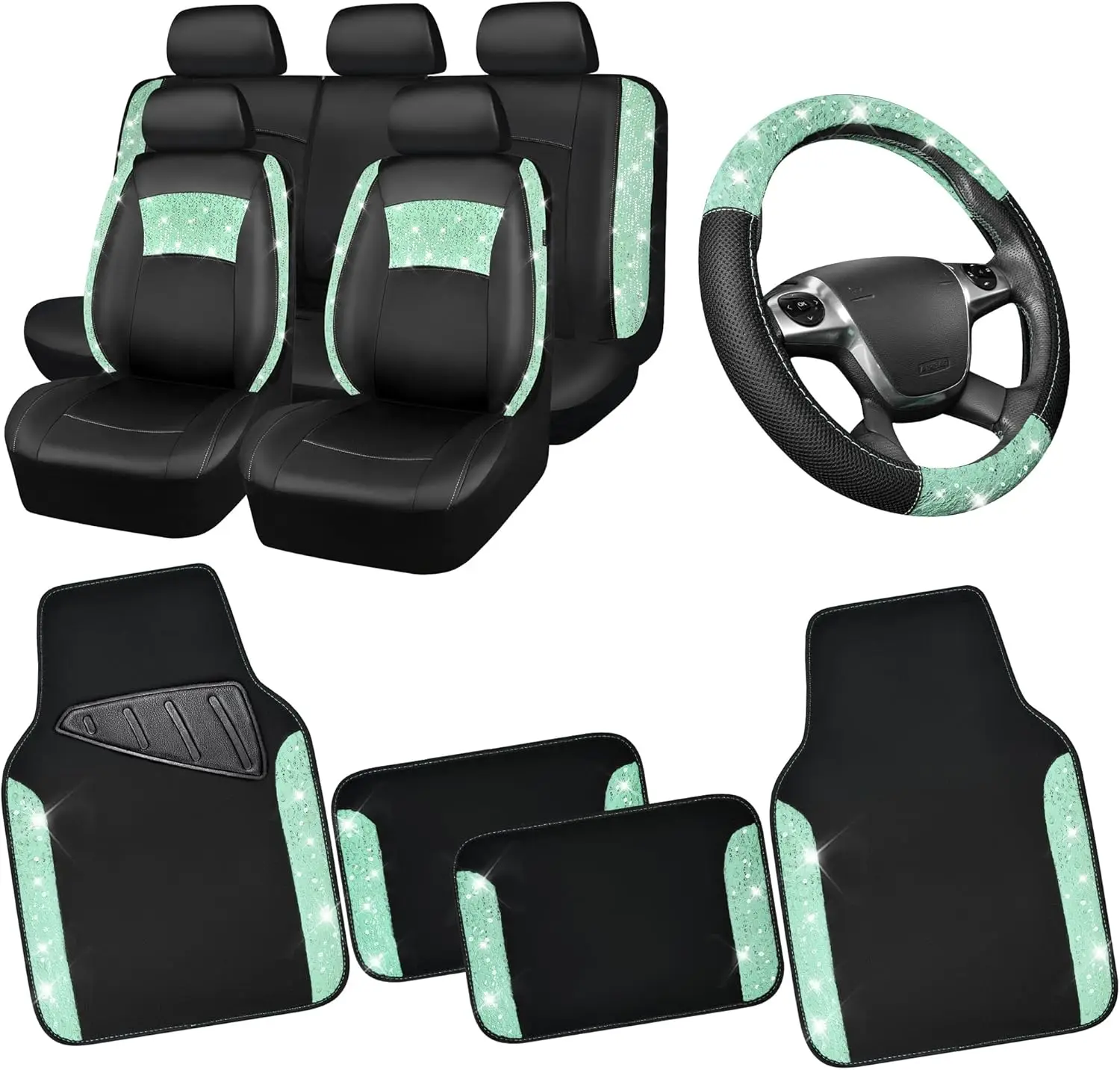 

Car Seat Covers Full Set Waterproof Leather with Floor Mats Steering Wheel Cover, Universal Fit for Women Girls, 10PCS Interior