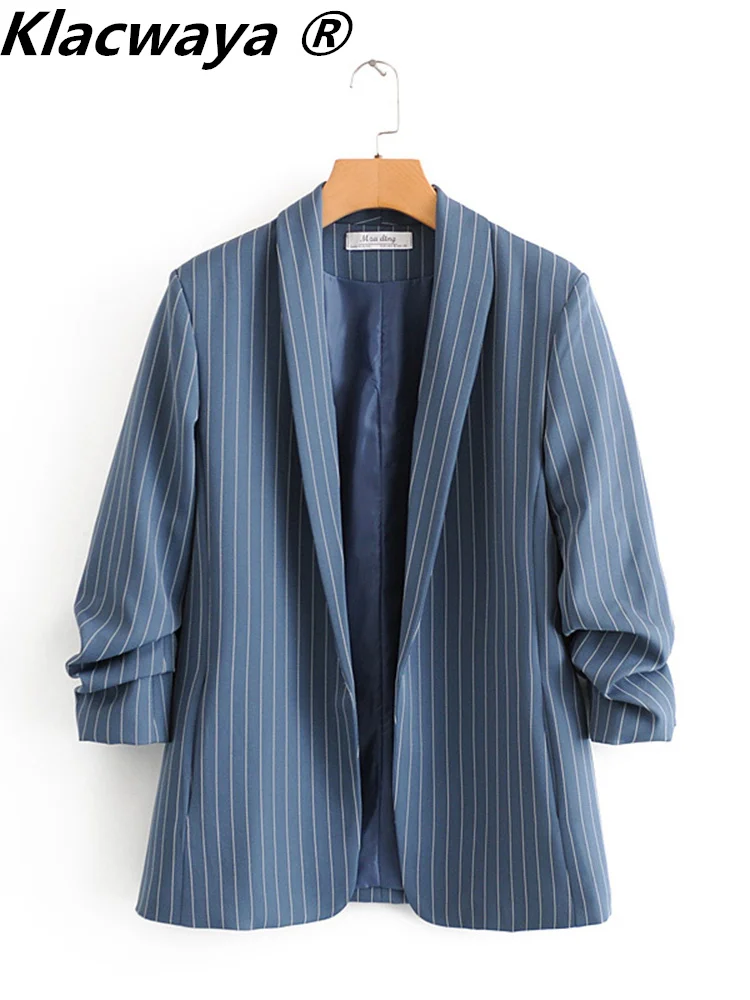 Klacwaya Blazer Women Jacket Spring Office Lady Striped Female Blazers Women Clothing Casual Coat