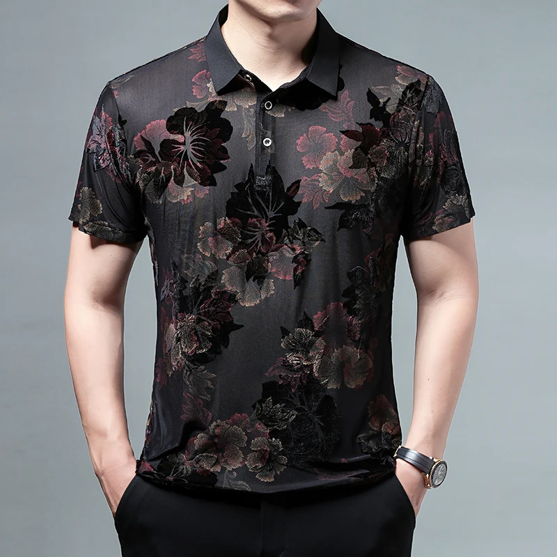 Silky Elastic Velvet Luxury Mens Polo Shirt Short Sleeved Floral Summer Quality Hollow Breathable Cool Feeling Camisas De Hombre