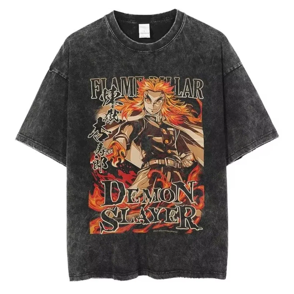 

Anime Demon Slayer Rengoku Kyoujurou Printed T Shirt Women Manga Tshirts Vintage Washed T-Shirt Harajuku Manga Cotton Tops