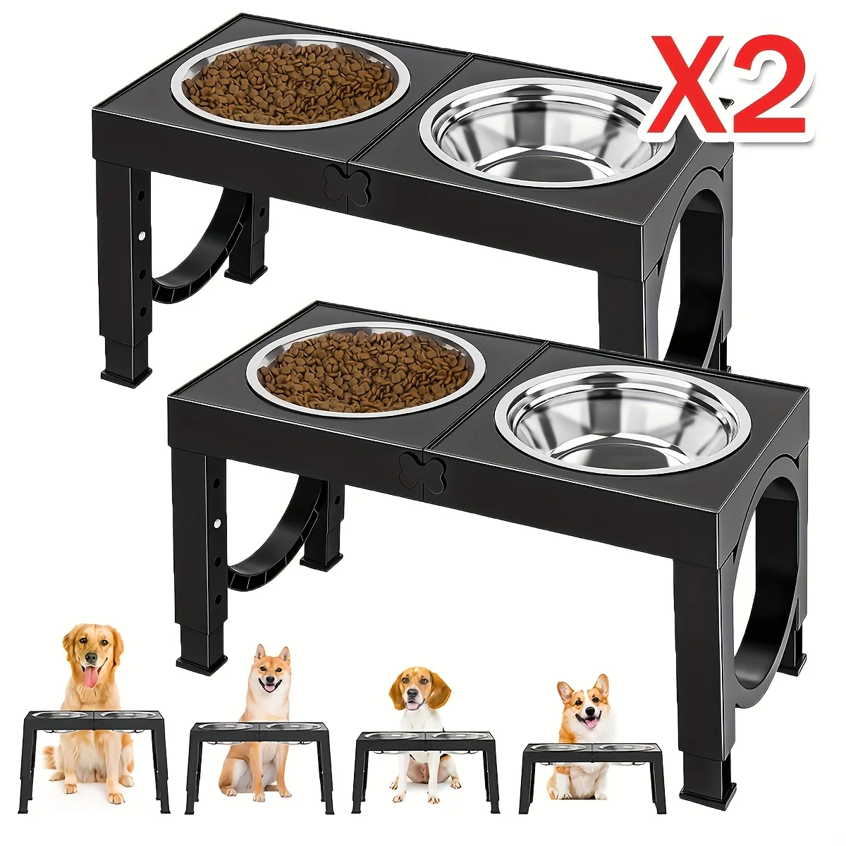 

2 Set Elevated Dog Bowls with 4 Stainless Steel Dog Water Food Bowls, Raised Dog Bowl Stands for Large Medium Sized Dog, Adjustable Dog Dish Station 9/11/12/14in, Black