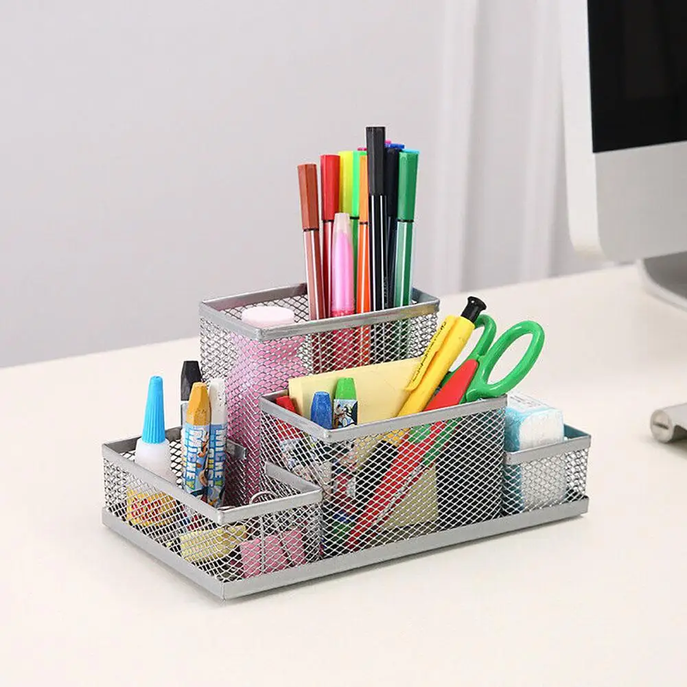 Mesh Desk Organizer Desktop Pen Holder 4 Compartments Metal Stationary Organizer Desk Caddy For Office Home