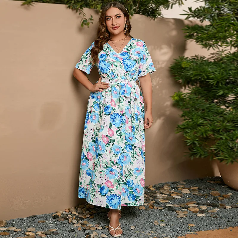

Summer large size dress art painted flower fat elastic waist short sleeve long dress high-end temperament elegant classic women'