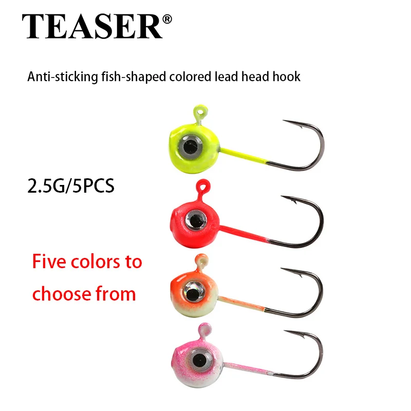 TEASER 5PCS A006 Luya Bleikopfhaken, verstärkter Haken, farbiger Angelhaken aus Kohlenstoffstahl mit doppeltem Öse und Anti-Unterseite
