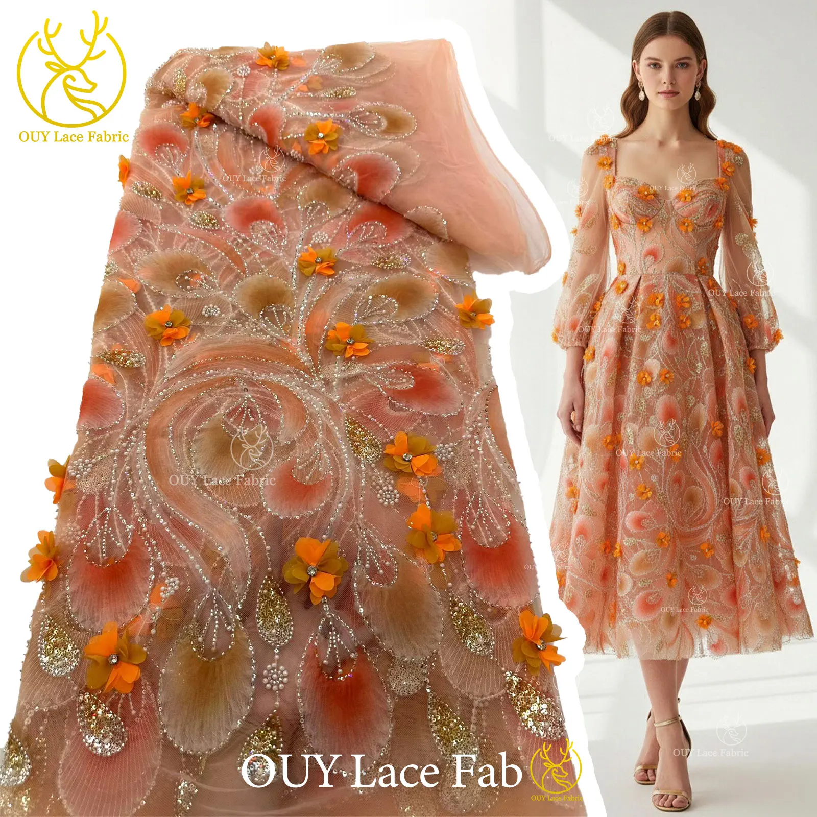 Eleganter 3D-Blumen-Afrikanischer Perlen-Spitzenstoff 2026 Französischer Nigerianischer Pailletten-Tüll-Spitzenstoff für Party- und Hochzeitskleider 5 Yards – Detail 8