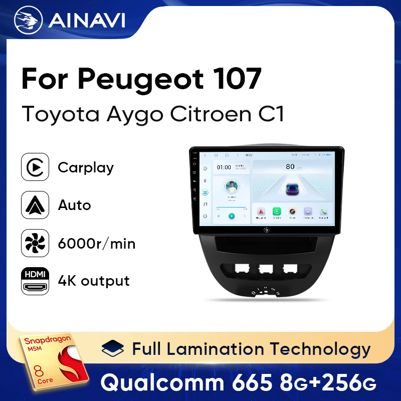 

Автомагнитола Ainavi 2 Din Android 13 для Peugeot 107 Toyota Aygo Citroen C1 2005-2014, мультимедийный плеер Carplay, автостерео, без DVD