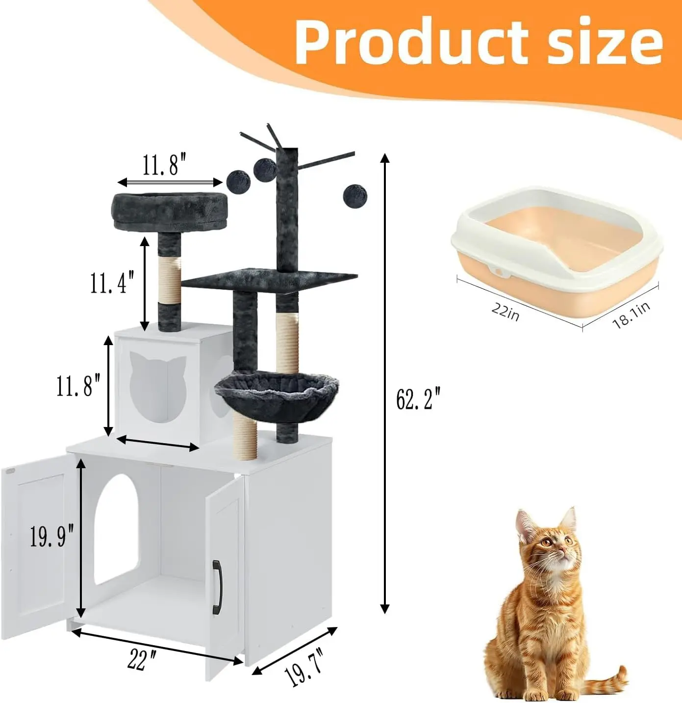 Cat Tree with Litter Box, Wood Litter Box Enclosure with Food Station, Modern Cat Tower for Indoor Large Cats with Large Platfor