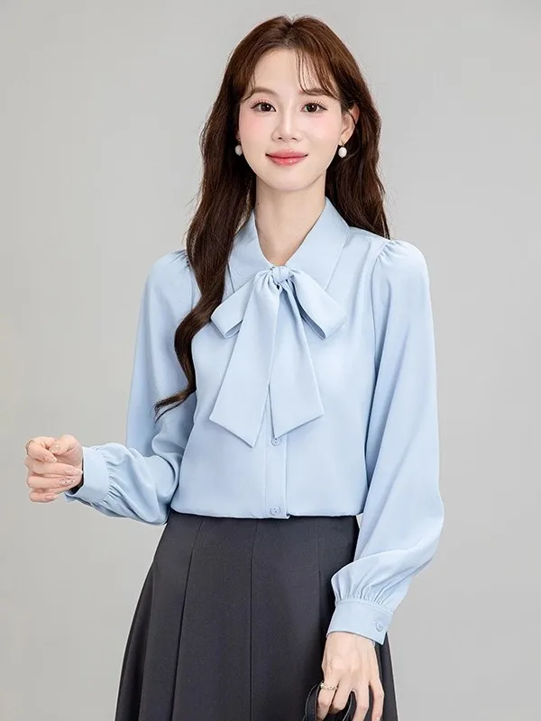 

Синяя шифоновая блузка с длинным рукавом для женщин, осенне-зимняя, весенняя, новая, с узлом, прямого кроя, приталенная, профессиональная, топ-блузка