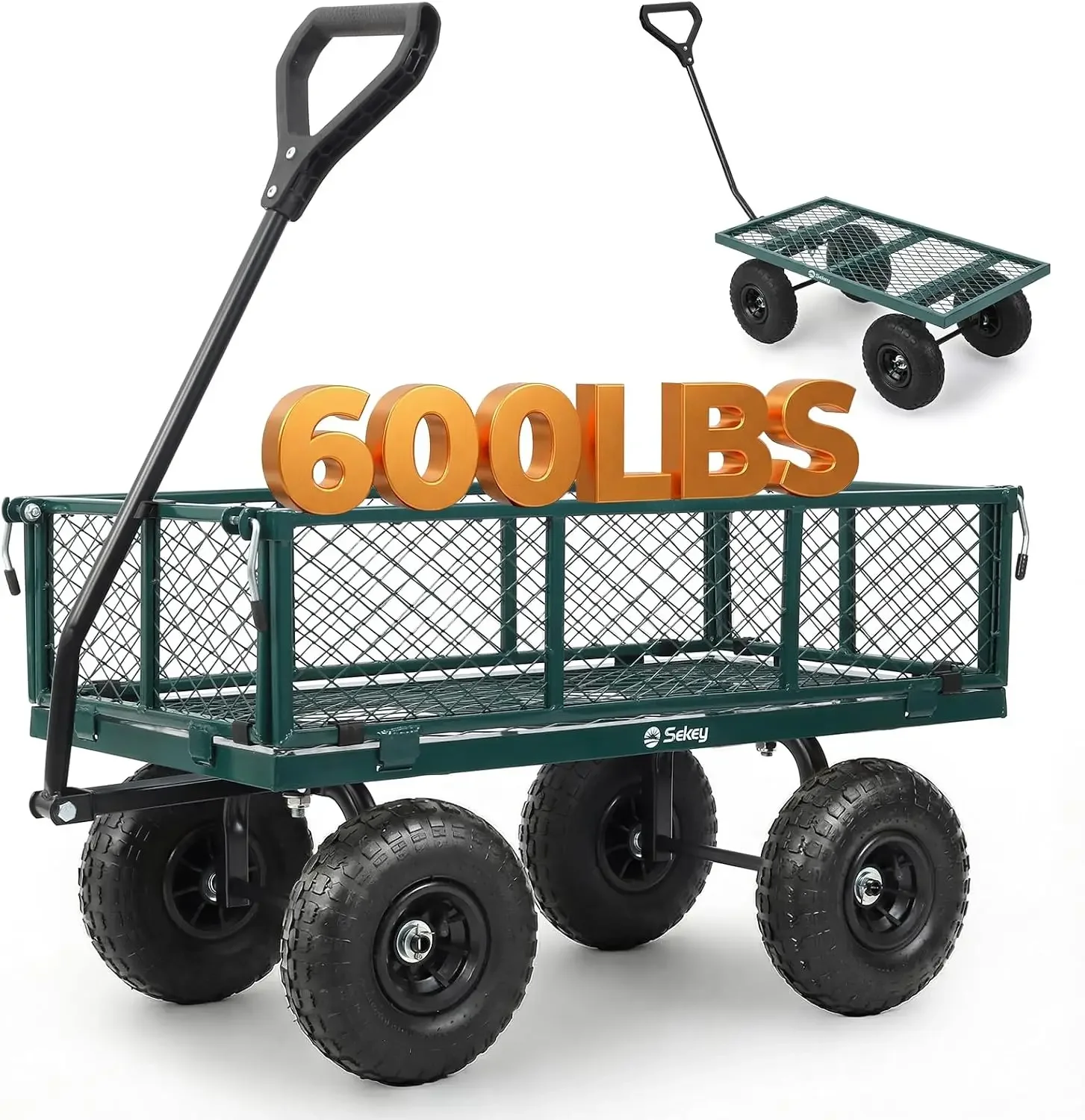 600lbs Steel Mesh Garden Cart for Patio & Backyard, Utility Wagon with Removable Sides (Convertible Flatbed), 10