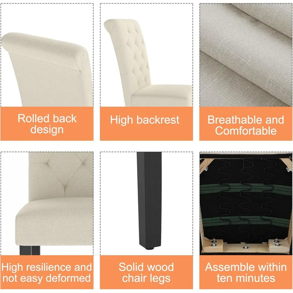 Пара современных обеденных стульев с обивкой из льна, тафтинговой спинкой и ножками из массива дерева для дома или ресторана (бежевый)