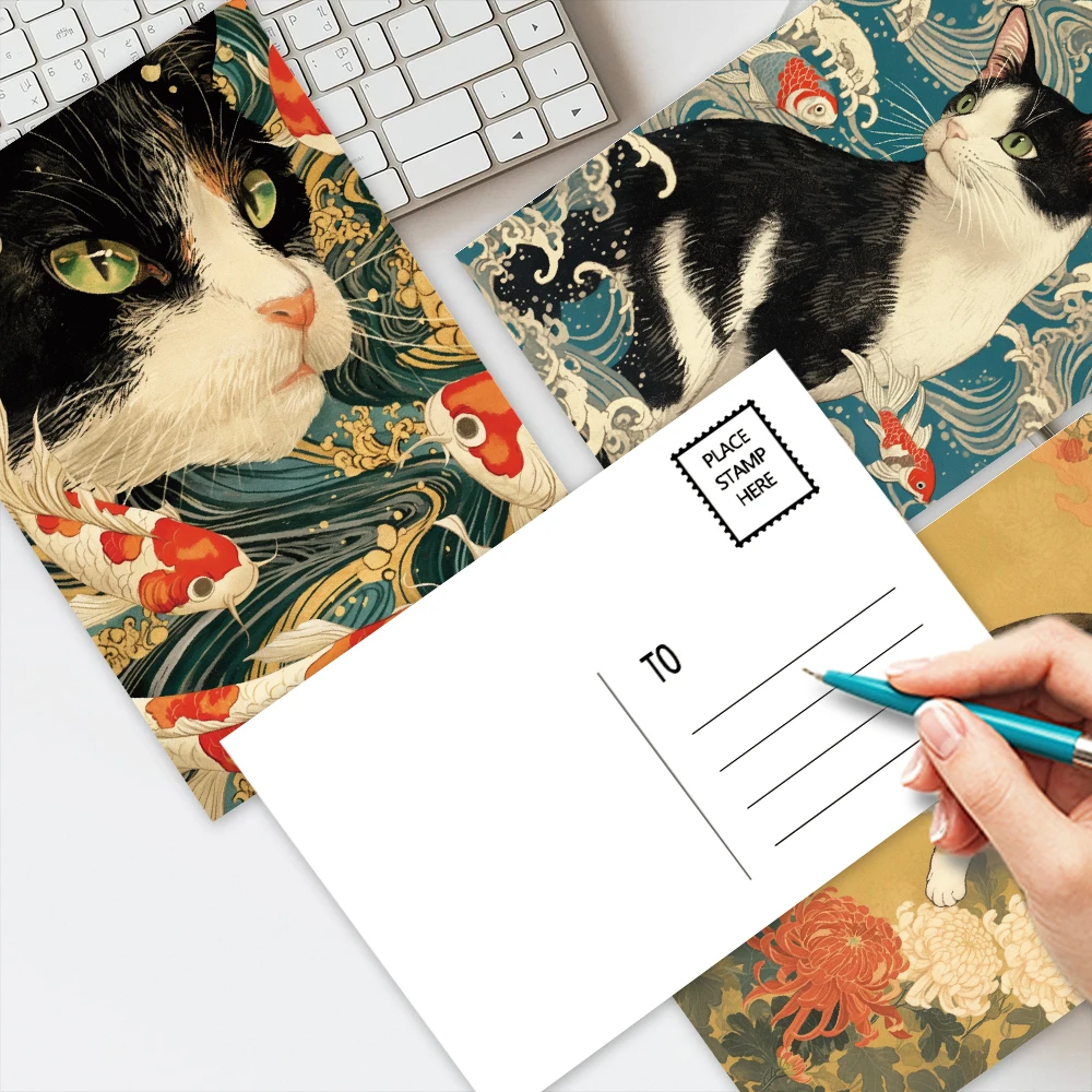 32 Stück japanische Katzenpostkarten, Ukiyo-E-Stil, süße Katzenposter, Wohnzimmer-Dekorationsaufkleber, Weihnachtsgeschenk, Schlafzimmerdekoration – Detail 1