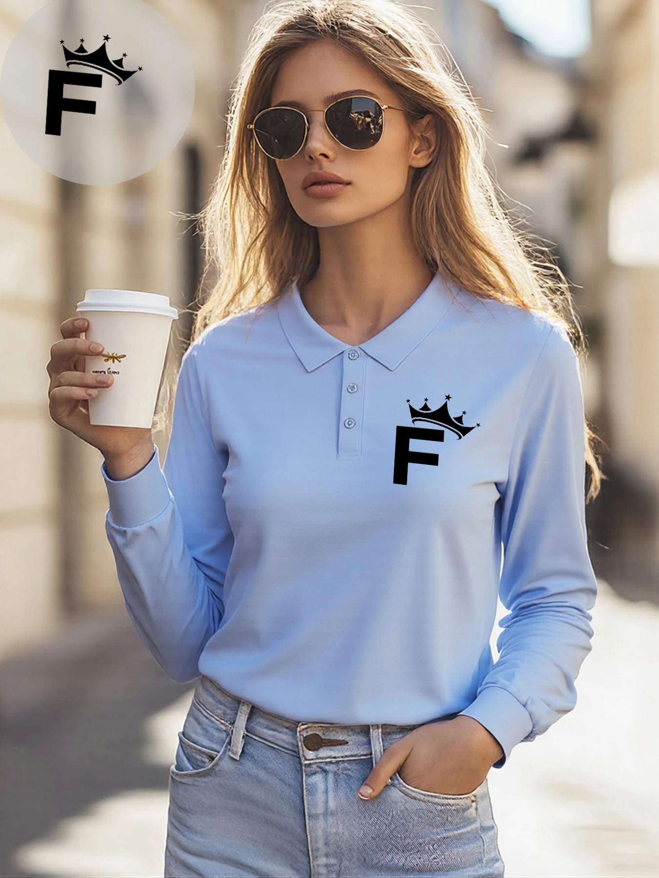 Koszulki polo z prostym wzorem litery F, kołnierzyk, casualowe, z długim rękawem, modne, uniwersalne, damskie koszulki golfowe, odzież jesienna.