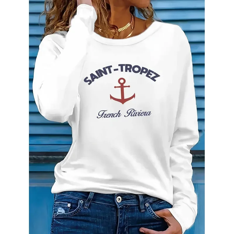 2026 Women's Long Sleeve T-Shirt Saint-Tropez French Riviera Anchor Nautical Graphic Crew Neck Slim Fit Spring Fall Tops