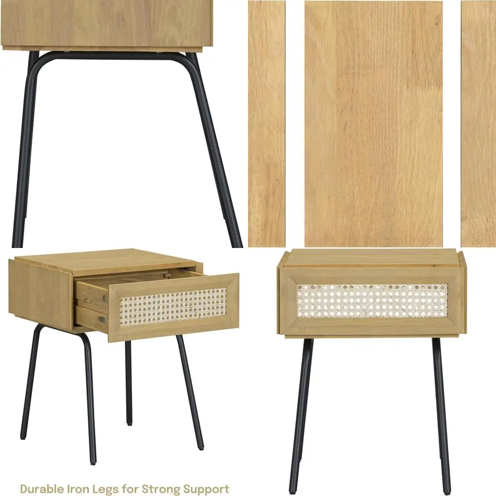 

Mid-Century Solid Oak Nightstand with Natural Rattan Drawer, Bedroom Side Table, Bedside Furniture, End Table - Waterproof, Heat