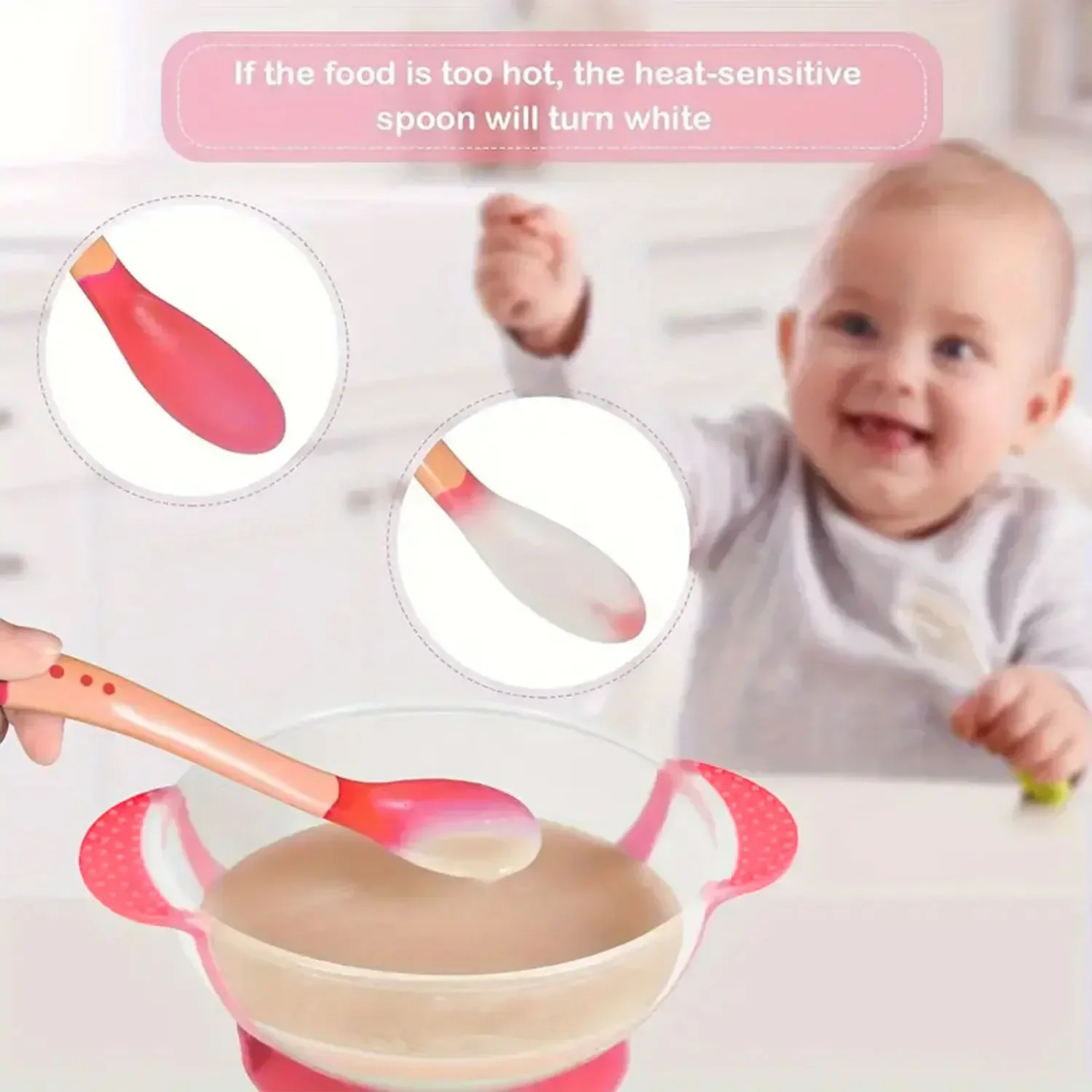3-piece Set of Heating, Color Changing, Temperature Sensing Suction Cups, Bowls, Forks, and Spoons, Newborn Feeding Bowl