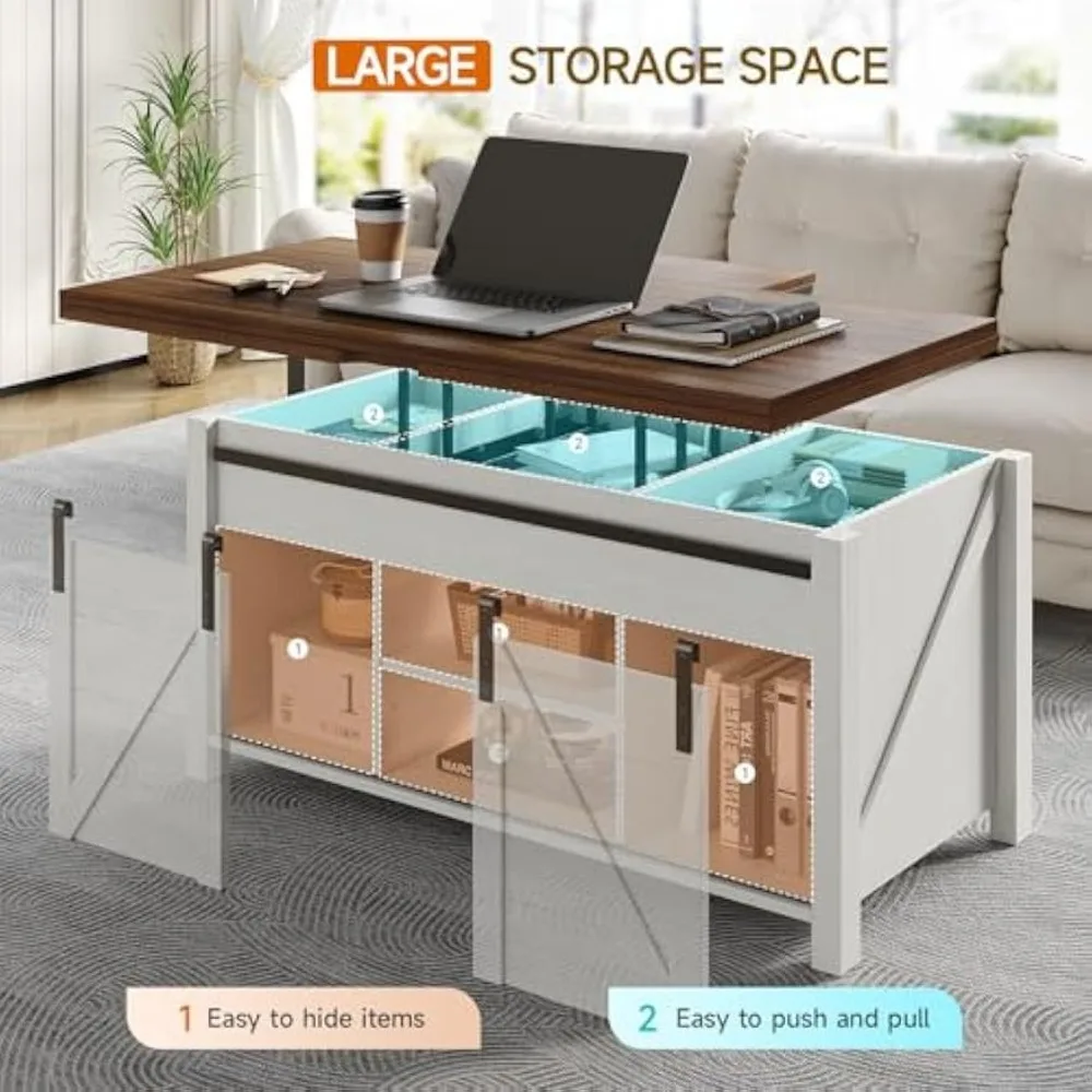 Farmhouse Lift Top Coffee Table with Sliding Barn Door,Rustic Center Table with Hidden Storage Compartment,Storage Coffee Table