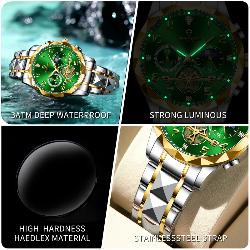 PENGAGAR Luxury Military Men Automatic Quartz 100M Diving Sports Classic Fashion Retro Luminous Steel Band Chronograph Watch+box