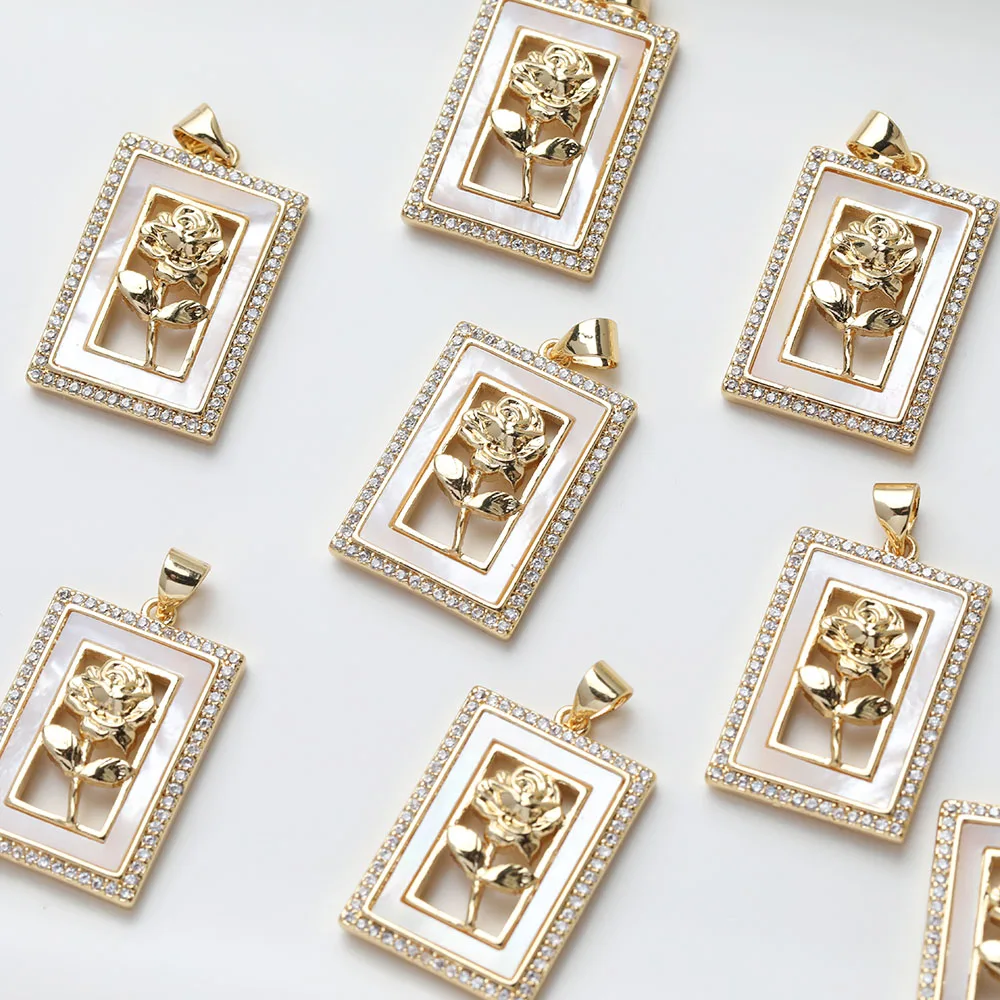 1PCS Dainty Rectangle Shell Roses Flower Charms for Jewelry Making Necklace Pendant DIY Hand Made Brass 14k Gold Plated 17*25mm