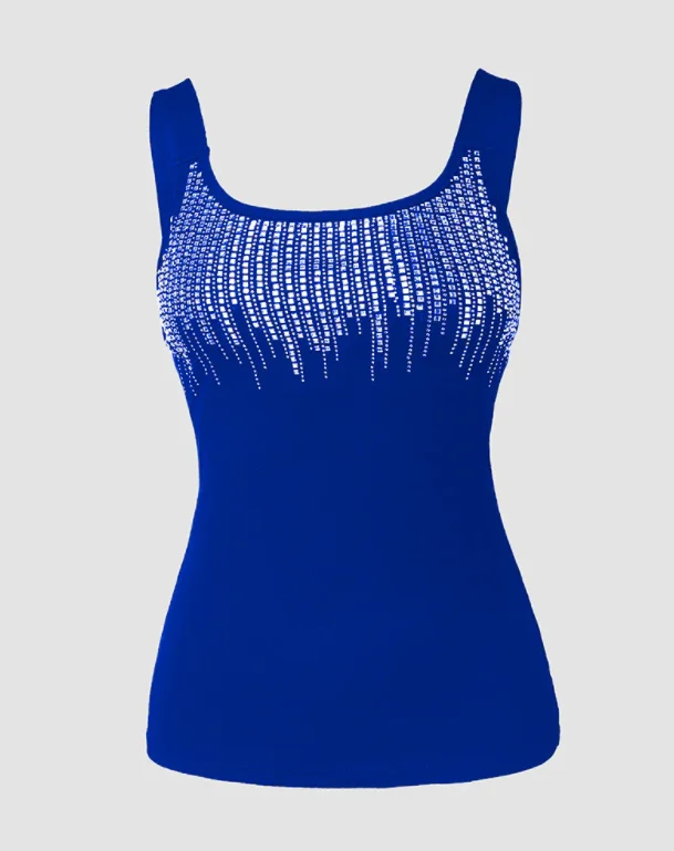Schmal geschnittenes Tanktop mit Strass – ärmellose Bluse mit hohem Stretchanteil und Rundhalsausschnitt, einfarbiges, nicht rückenfreies Oberteil, geeignet für den Frühling – Detail 5