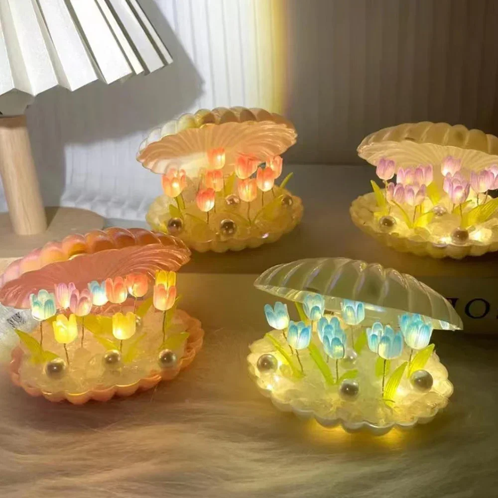 1Pc Shell Tulp Nachtlampje Handgemaakte DIY Home Decor Slaapkamer Sfeer Licht Meisje Moeder Vriendin Verjaardagscadeau Valentijnsdag