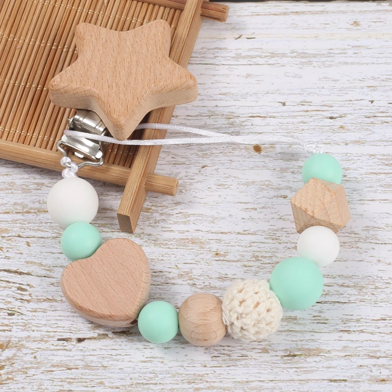 Wooden Pentagram Baby Pacifier Holder Clip Wood Crochet Bead Silicone Soother Teething Chain Nursing Chew Toy Baby Dummy Chain