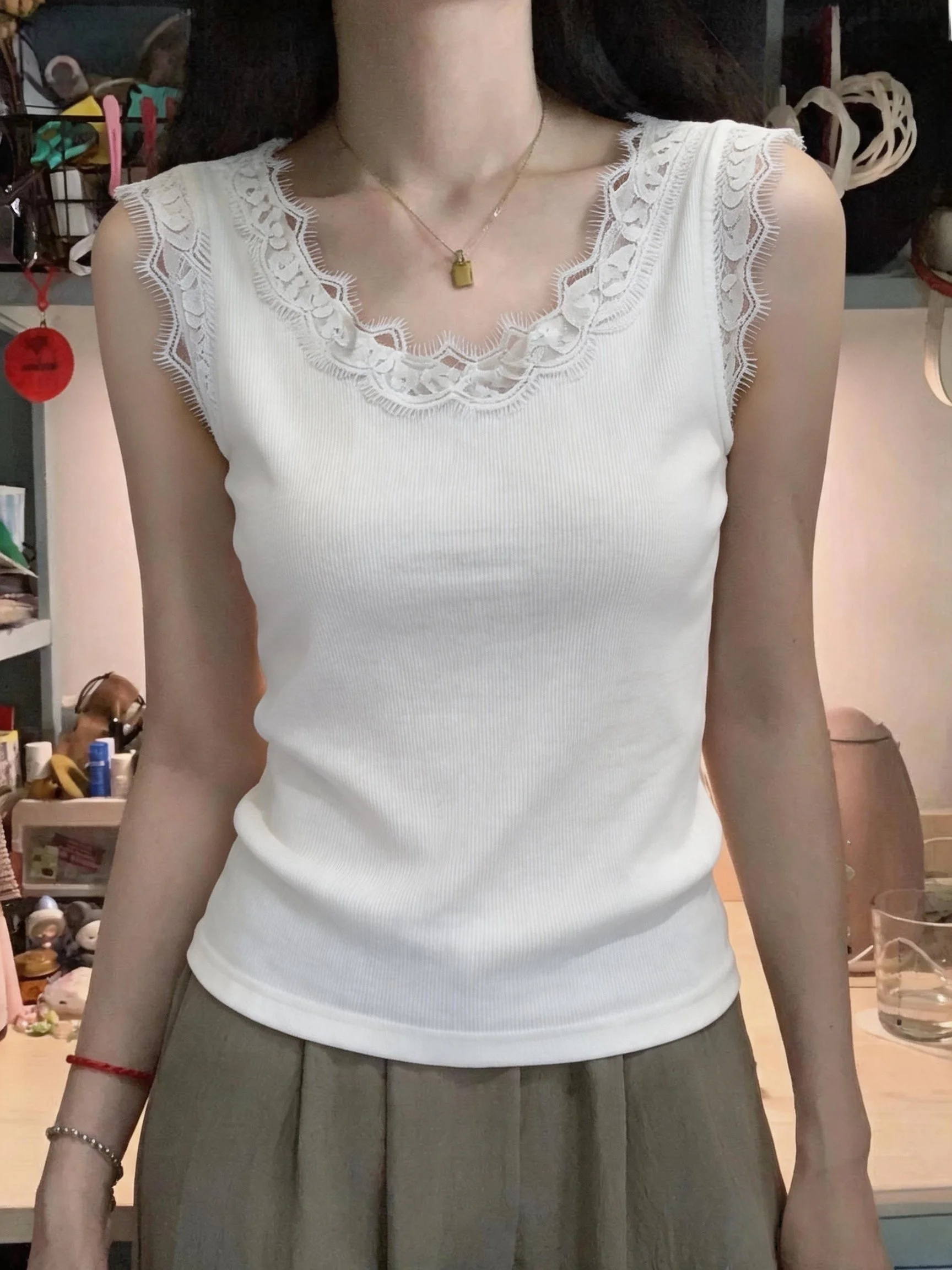 

Women's Slim Fit Lace Crop Top Tank Vest 95 Cotton Summer New Style Big Size Outerwear Underwear Base Layer Shirt