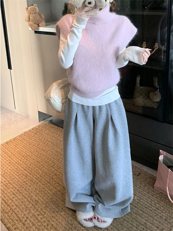 

Розовый вязаный жилет с высоким воротником: теплый женский зимний элегантный топ в корейском стиле, создающий ощущение роскоши, для многослойных образов, внутренний свитер