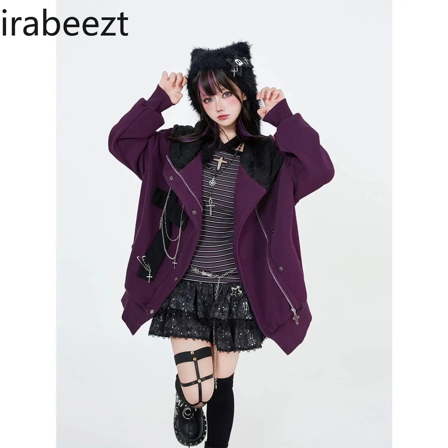 ثقافة فرعية الحلو التوابل الألفية الشرير سلسلة داكنة الصليب زائد الصوف القط الأذن معطف هوديي معطف سوداديراس الفقرة موهير