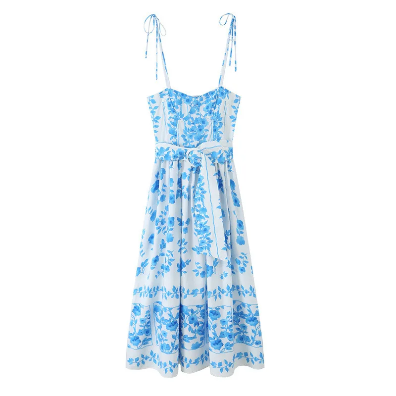 

Dave&Di New European And American Style Printed Poplin Belt Embellished Midi Dress Woman Clothes Dress Elegant Party Dresses