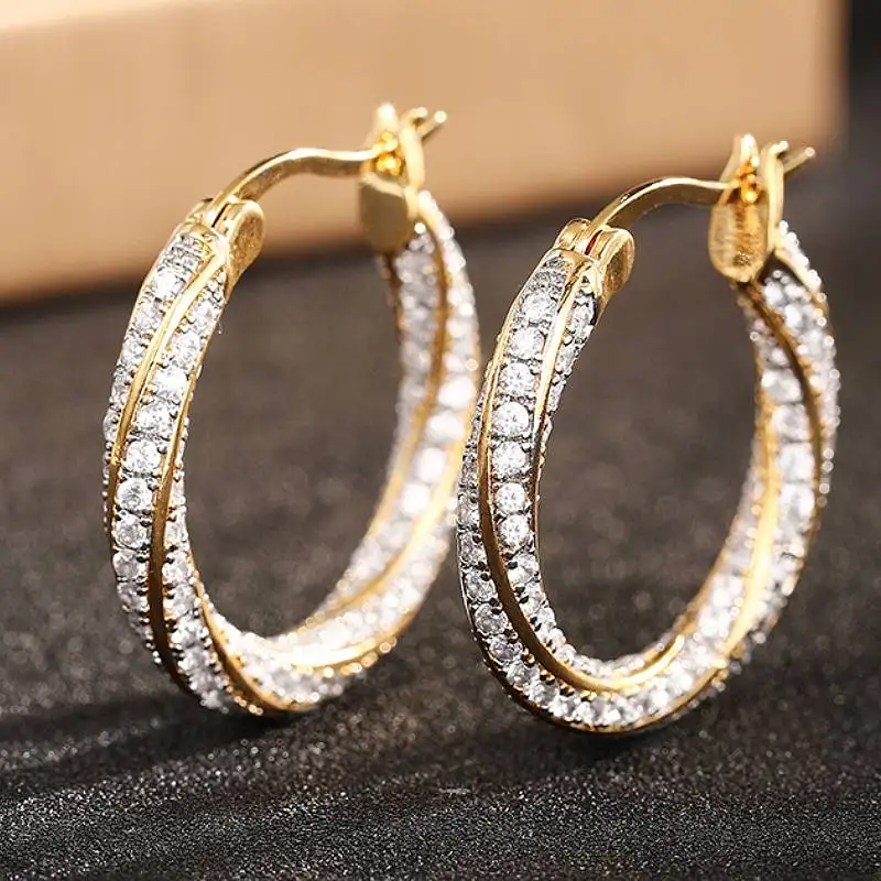 Huitan Elegant Women Two Tone Hoop Earrings Twist Design Inlaid Brilliant CZ Fashion Party Wedding Accessories Charming Jewelry