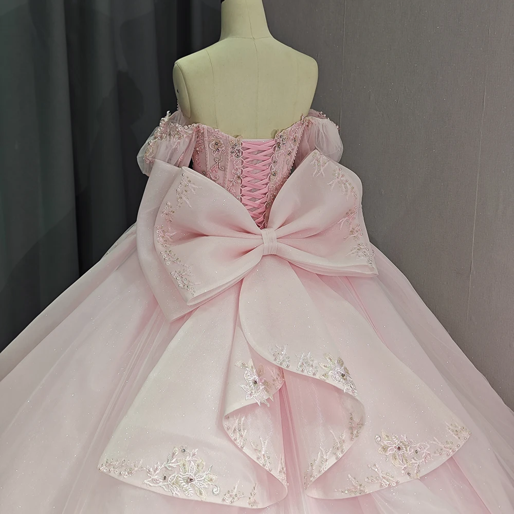 Brilhante fora do ombro vestido de renda lantejoulas, vestido rosa Quinceanera, grânulos arco trem tribunal, 15 anos, DY6774