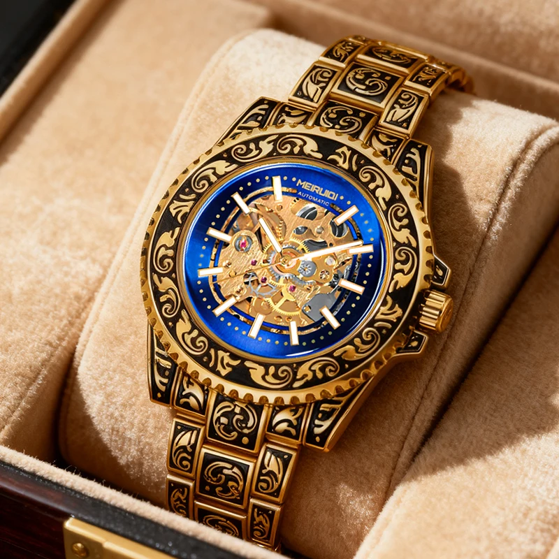 

Мужские часы с желтым стальным браслетом без цифровой шкалы, синим циферблатом, стильные и повседневные, полностью автоматические механические часы.