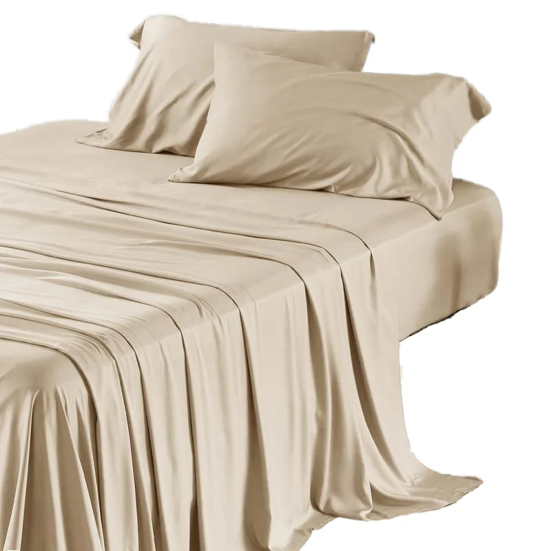 

4pcs 100%Bamboo Fiber Bed Flat Fitted Sheet Set Solid Color