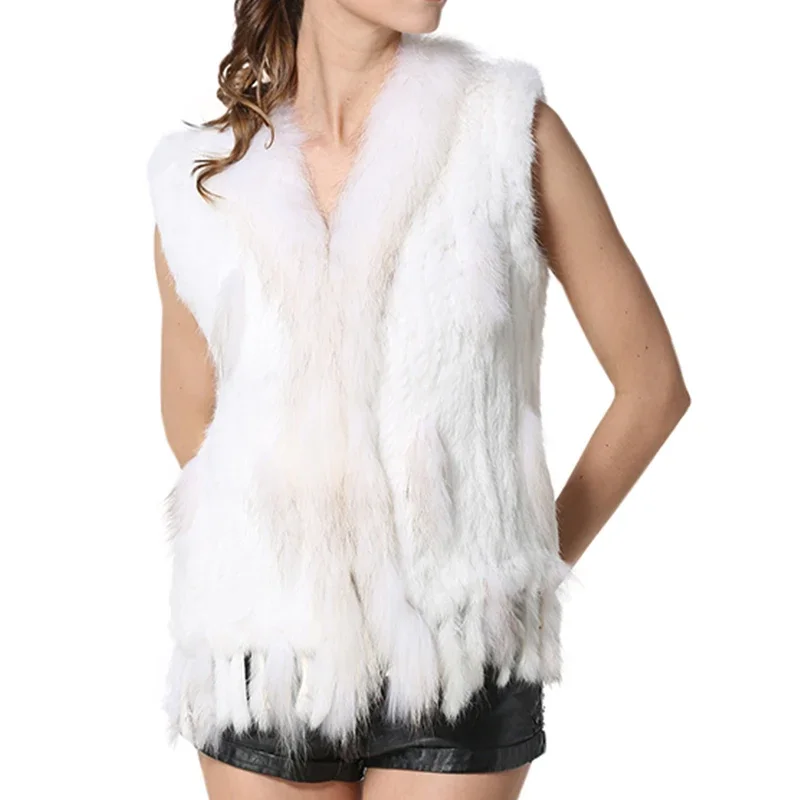 fur vest women winter wear clothes real rabbit fur vest with raccoon fur collar ladies autumn rabbit raccoon knitted vest