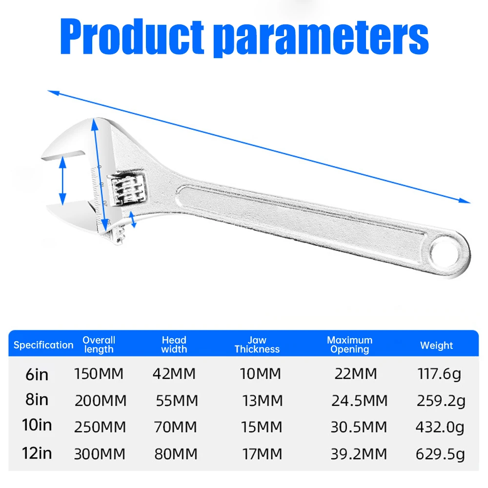 6/8/10/12in Adjustable Wrench Large Openin long Handle Universal Spanner Carbon Steel Mechanical Workshop Hand Repair Tools