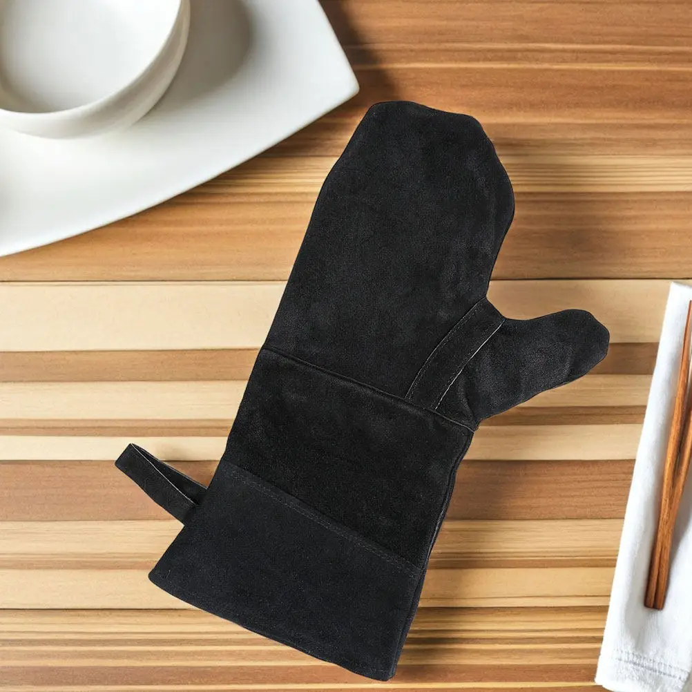 3Pcs Black Heat Insulated Oven Mitts Two Finger Design Cowhide Outer Cotton Quilted Lining for Bbq Baking Grilling Cooking